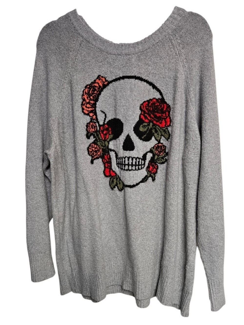 torrid Gray Crewneck Sweater with Skull & Red Rose Motif